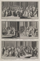 KG 11844
<br/>
Catholiques: Le CLERC reçoit la TONSURE. (...) ORDINATION de L'ACOLYTE.
<br/>
<em>Picart, Bernard (1673-1733)</em>